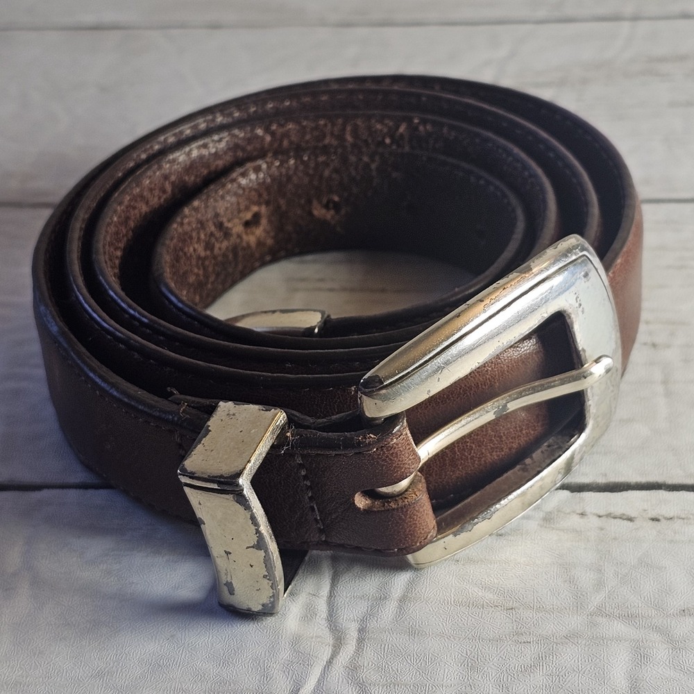 Onyx Leather Belt Mens 40 Brown Silver Square Buckle Brighton Vintage Dressy